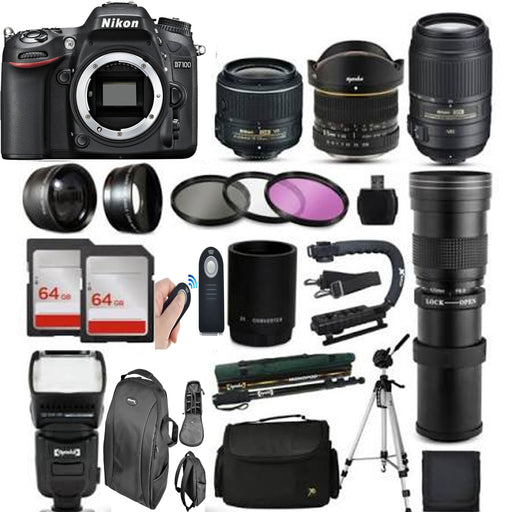 Nikon D7100 DSLR Digital Camera W/ 18-55mm VR | 6.5mm Fisheye | 55-300mm VR | 500mm Preset Lens | 128GB Deluxe Kit