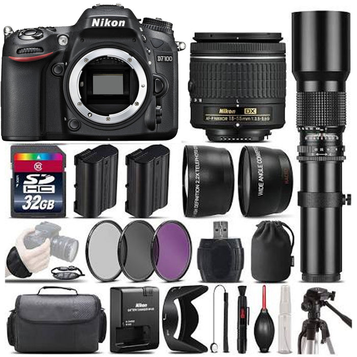 Nikon D7100 DSLR Camera + Nikon 18-55mm Lens + 500mm Telephoto Lens - 32GB Kit, Black