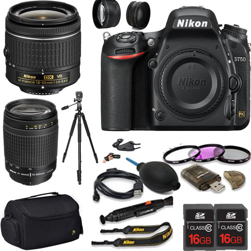 Nikon D750 DSLR Camera with Nikon 18-55mm f/3.5-5.6G VR Lens |Nikon 70-300mm f/4-5.6 Macro Autofocus Lens |Mega Bundle