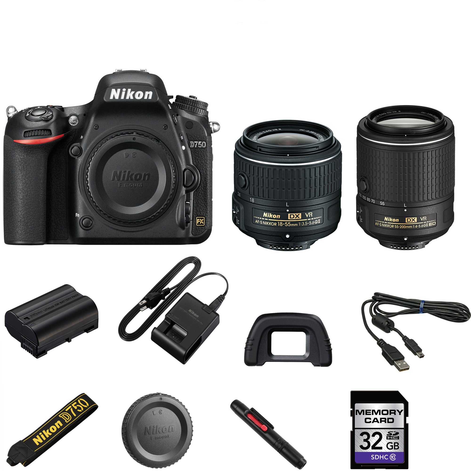 Nikon D750 Digital SLR Camera with Nikon AF-S DX NIKKOR 18-55mm f/3.5-5.6G  VR Lens Nikon DX NIKKOR 55-200mm f/4-5.6G ED VR II Lens 32 GB SD Card -