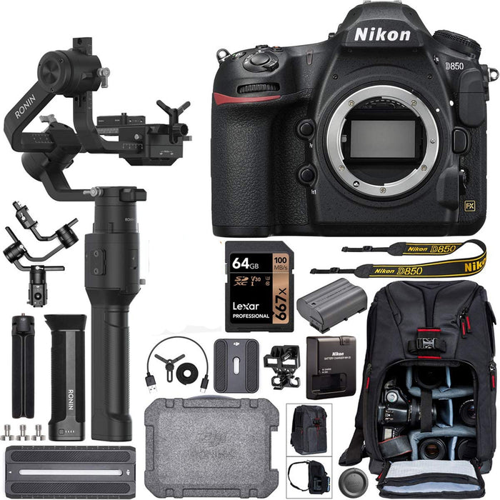 Nikon D850 DSLR Camera With Filmmakers Kit | DJI Ronin-S Essentials Kit 3-Axis Handheld Gimbal Stabilizer and 64 GB