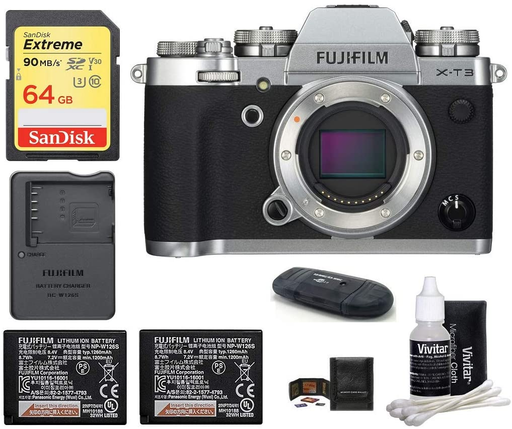 FUJIFILM X-T3 Mirrorless Digital Camera (Body Only, Silver) + 64GB Memory Card + Extra Batteries + More