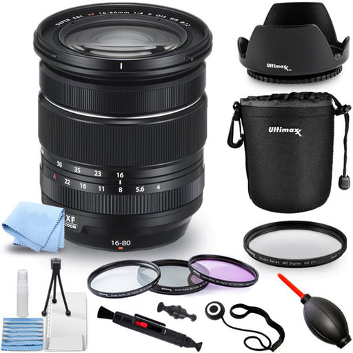 FUJIFILM XF 16-80mm f/4 R OIS WR Lens 16635613 - Pro Bundle with Lens Pouch, Tulip Hood Lens, Filter Kit, Lens Cap Keeper and More