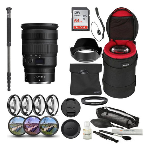 Nikon NIKKOR Z 24-70mm f/2.8 S Lens Bundle with 64GB Ultra SD Memory Card + Padded Lens Case + 70 Inch Monopod and 8 Pc. Filter Kit Plus More