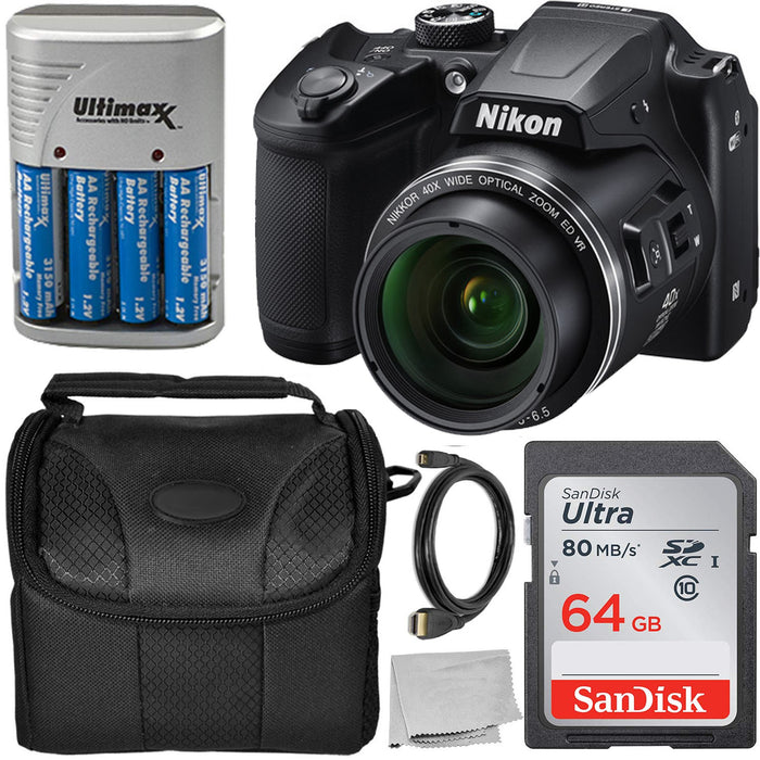 Nikon COOLPIX B500 Digital Camera Starter Bundle Includes, Camera Case, 64GB Ultra Memory Card, 4AA Rechargeable Batteries and More