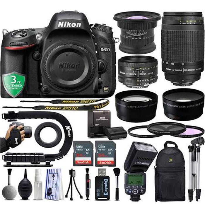 Nikon D610 DSLR Camera with Nikon 50mm 1.8D, Nikon 70-300mm G &amp; 15mm f/4 LD UNC Macro Wide Angle Lens Supreme Bundle