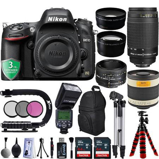 Nikon D610 DSLR Camera with Nikon 50mm 1.8D, Nikon 70-300mm G &amp; 500mm f/6.3 HD Telephoto Mirror Lens Mega Bundle