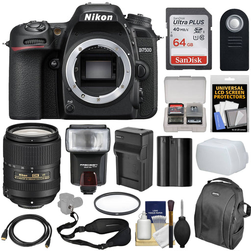 Nikon D7500 Wi-Fi 4K Digital SLR Camera Body with 18-300mm VR Lens + 64GB Card + Battery &amp; Charger + Backpack + Strap + Flash + Kit