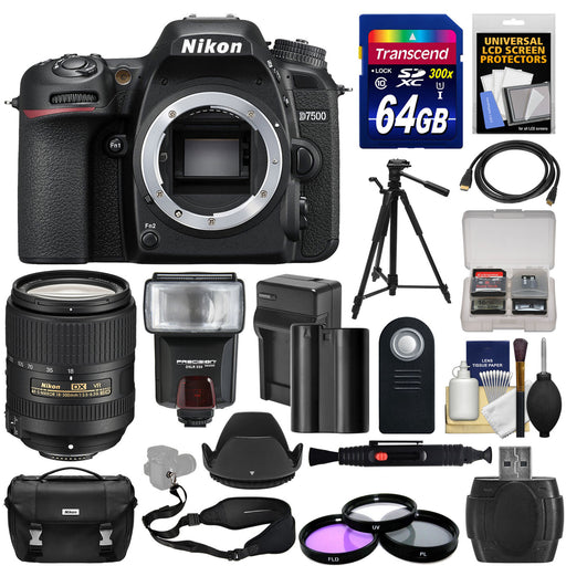 Nikon D7500 Wi-Fi 4K Digital SLR Camera Body with 18-300mm VR Lens + 64GB + Battery &amp; Charger + Case + 3 Filters + Tripod + Flash + Kit