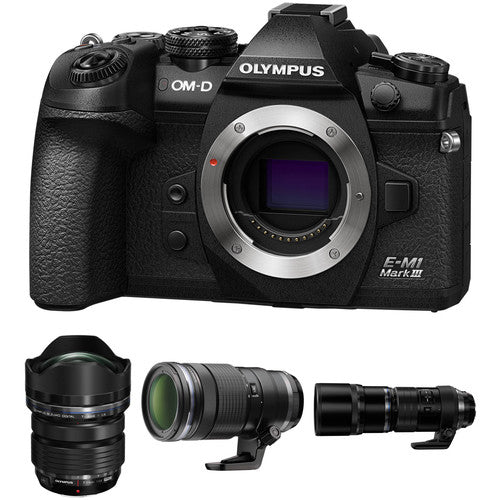 Olympus OM-D E-M1 Mark III Mirrorless Digital Camera with M.Zuiko 7-14mm, 40-150mm, and 300mm PRO Lenses Kit