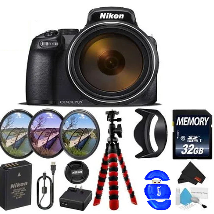  Nikon COOLPIX P1000 Digital Point & Shoot Camera (Black),  Bundle Kit with Camera Case + 32GB SD Card + 77mm Filter Kit + Cleaning Kit  + Card Reader + Memory