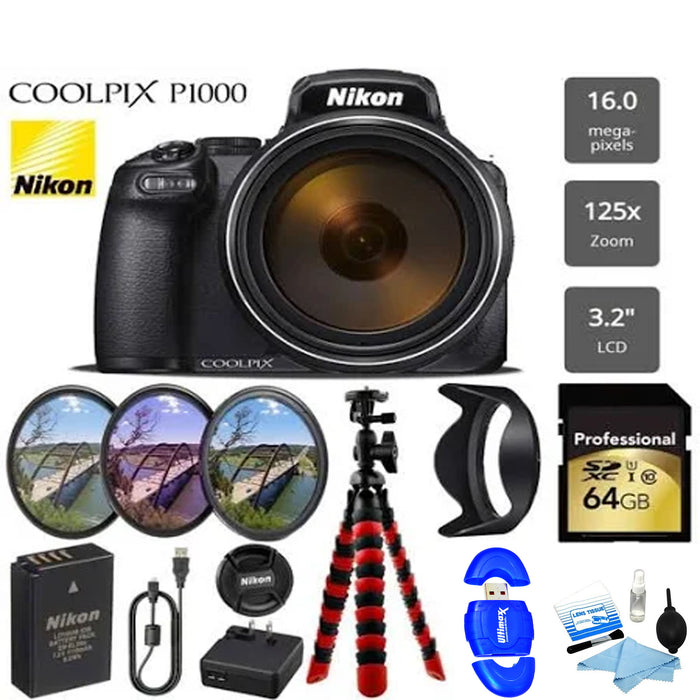 Nikon Coolpix P1000 16MP 125x Super-Zoom Digital Camera + 64GB | Filters | Flexible Tripod &amp; More Bundle