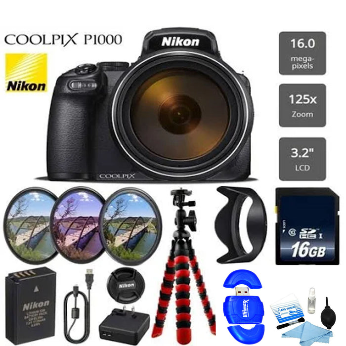 Nikon Coolpix P1000 16MP 125x Super-Zoom Digital Camera + 16GB &amp; Additional Accessories Bundle Package