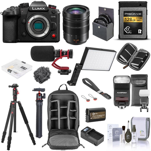Panasonic Lumix GH6 Mirrorless Camera with 12-60mm f/2.8-4.0 Asph. Lens Bundle with 128GB CFexpress Type-B Card, Backpack, LED Light, Tripod, Flash, Mic, Battery, Charger and Accessories