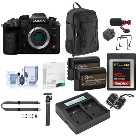Panasonic Lumix GH6 Mirrorless Camera Body, Bundle with 512GB CFexpress Type-B Memory Card, Backpack, 2x Battery, Dual Charger, Strap, Mic, Tripod, Screen Protector, SD Card Case, Cleaning Kit
