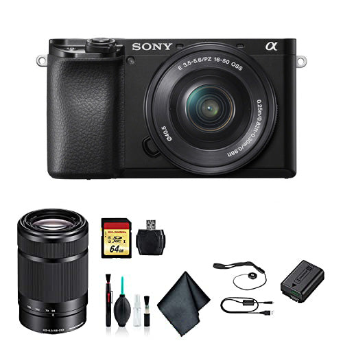 Sony Alpha a6100 Mirrorless Camera with 16-50mm and 55-210mm Lenses with Soft Bag, 64GB Memory Card, Card Reader, Plus Essential Accessories