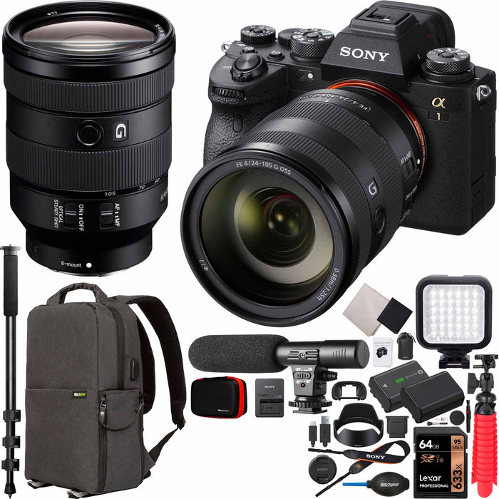 Sony a1 (Alpha 1) Mirrorless Camera Body + 24-105mm F4 G OSS FE Zoom E-Mount Lens SEL24105G ILCE-1/B Bundle with Deco Gear Backpack + Microphone + LED + Monopod and Accessories Kit