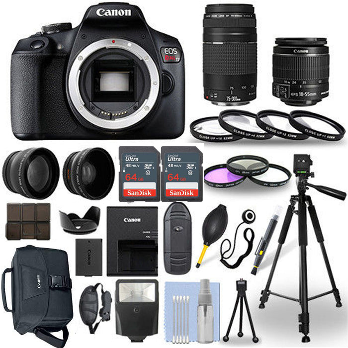 Canon EOS Rebel T7/2000D DSLR Camera + EF-S 18-55mm f/3.5-5.6 is II + EF 75-300mm f/4-5.6 III Lens + Canon Bag + 2X 64GB + Slave Flash + Tripod