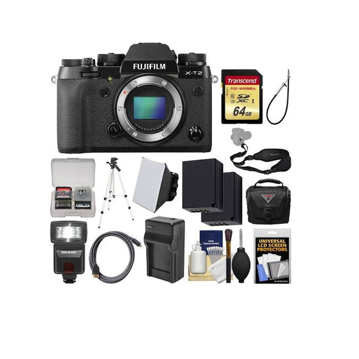 Fujifilm X-T2 4K Wi-Fi Digital Camera Body with 64GB Card + Case + Flash + Batteries &amp; Charger + Tripod + Kit