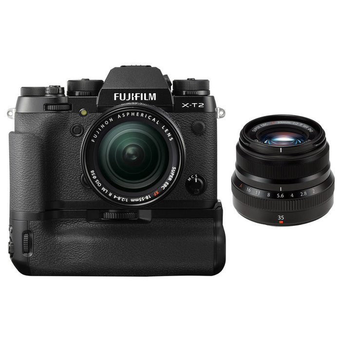 Fujifilm X-T2 Mirrorless Digital Camera with 18-55mm and 35mm Lenses &amp; FUJIFILM XF 35mm f/2 R WR Lens &amp; Vertical Grip Package