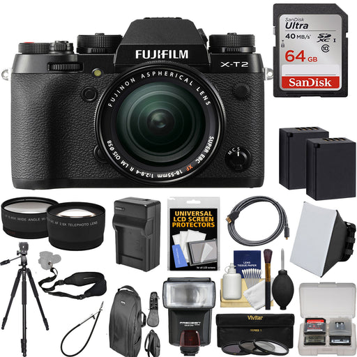 FUJIFILM X-T2 Mirrorless Digital Camera with 18-55mm Lens | Sandisk 64GB | Flash | Filter | Spare Battery &amp; More Bundle